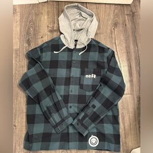 NWT Neff Plaid Button-Up Hoodie Shirt Blue/Black Checkered Flannel Long Sleeve